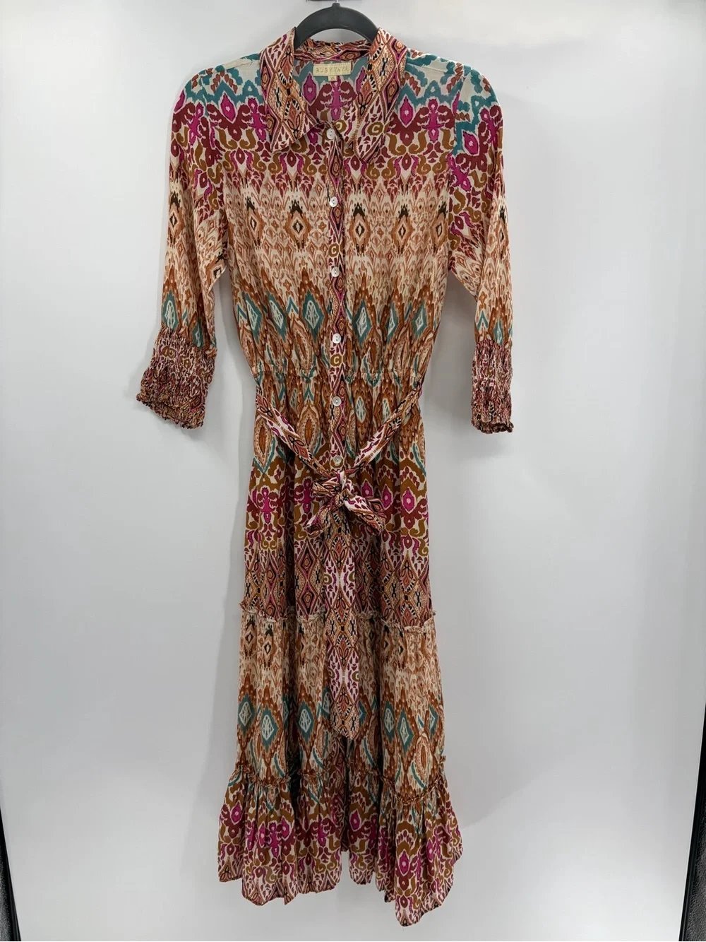 Ruby Yaya Boho Ikat Print Midi Shirt Dress Pink Orange Tiered Belted Festival xs